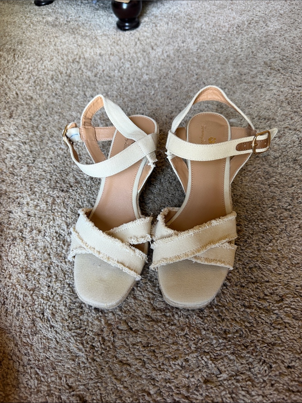Tommy Bahama Cream Frayed Canvas Wedge Sandals